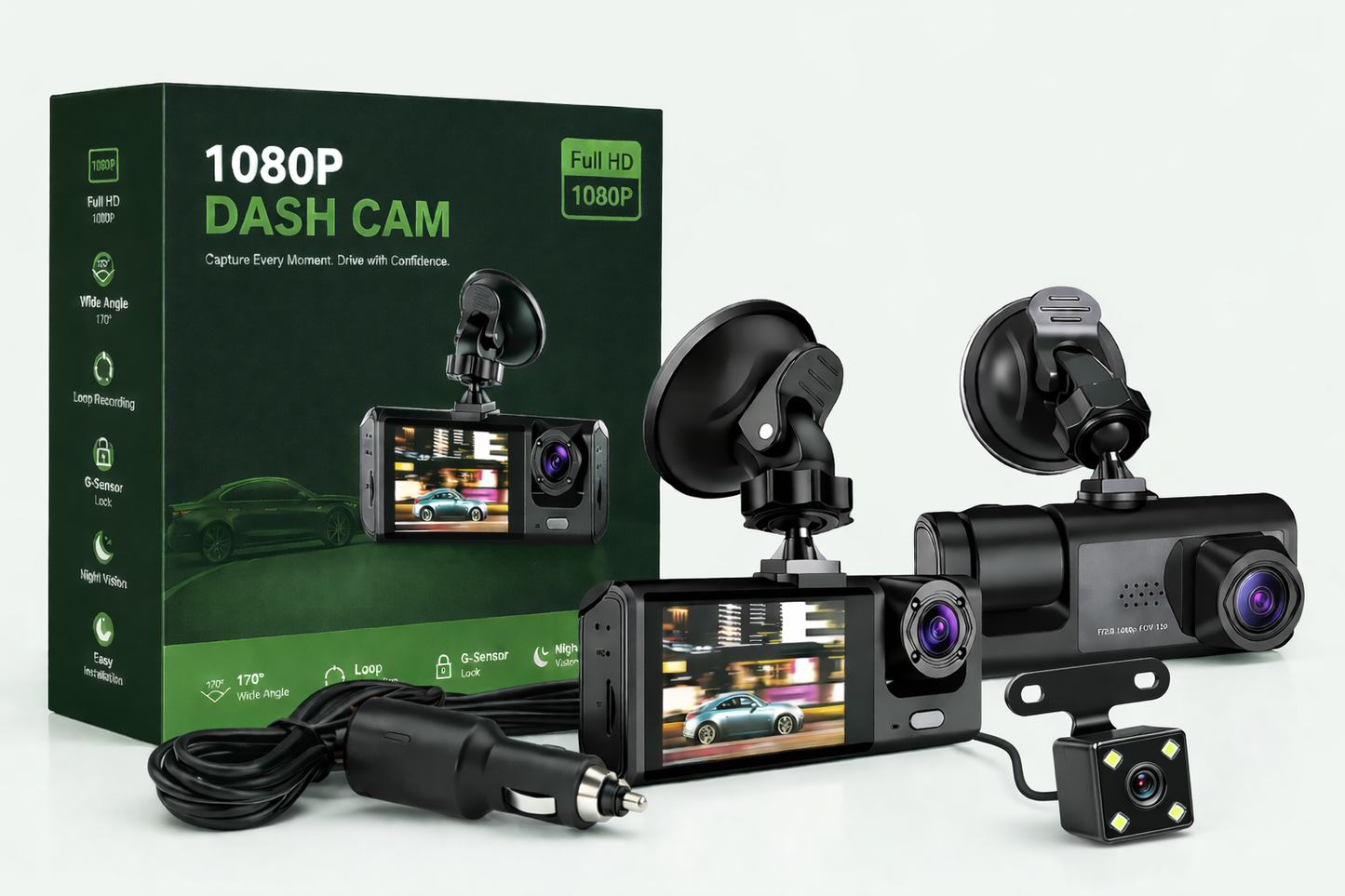 1080P Dash Cam for Car — Front & Rear Camera Night Vision Loop Recording G-Sensor — Ships from USA
