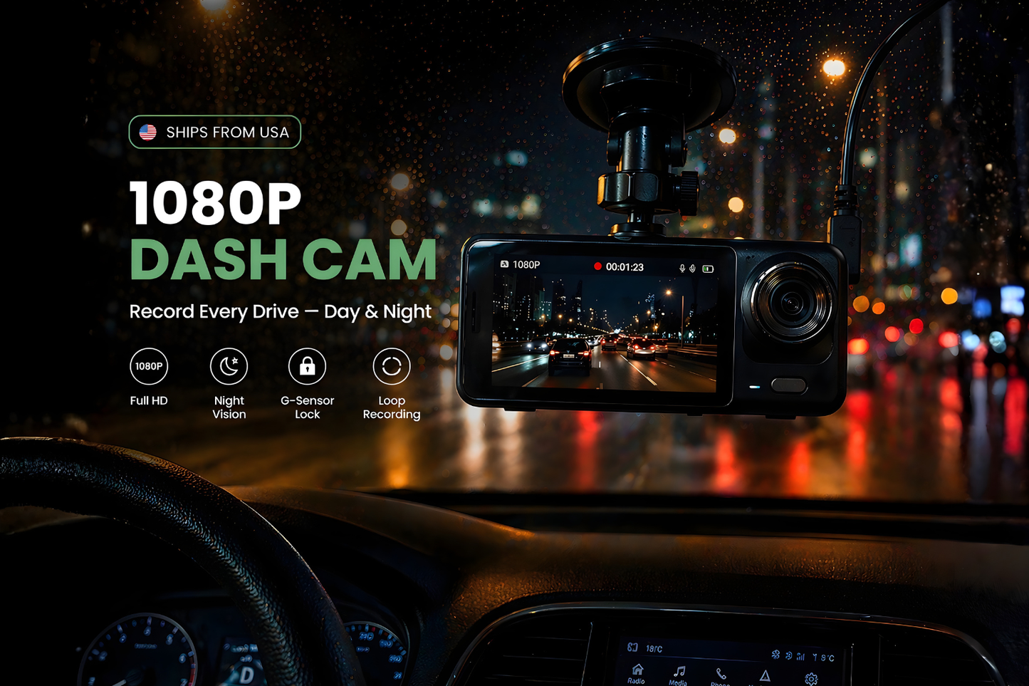 1080P Dash Cam for Car — Front & Rear Camera Night Vision Loop Recording G-Sensor — Ships from USA